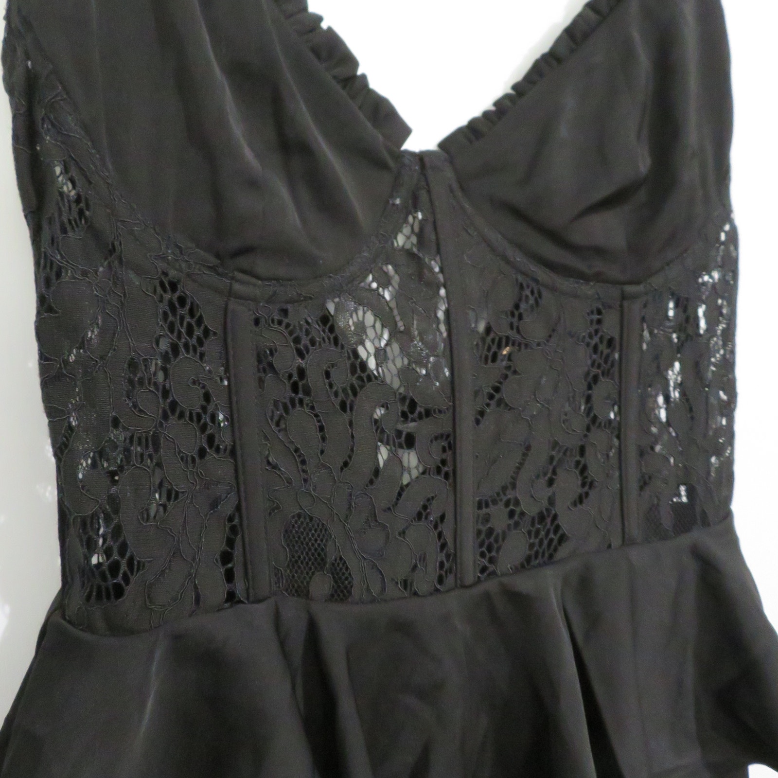 Vici Women Sz M Black Sanderson Peplum Maxi Dress Lace Corset Satin Formal Gown — image 4 of 8